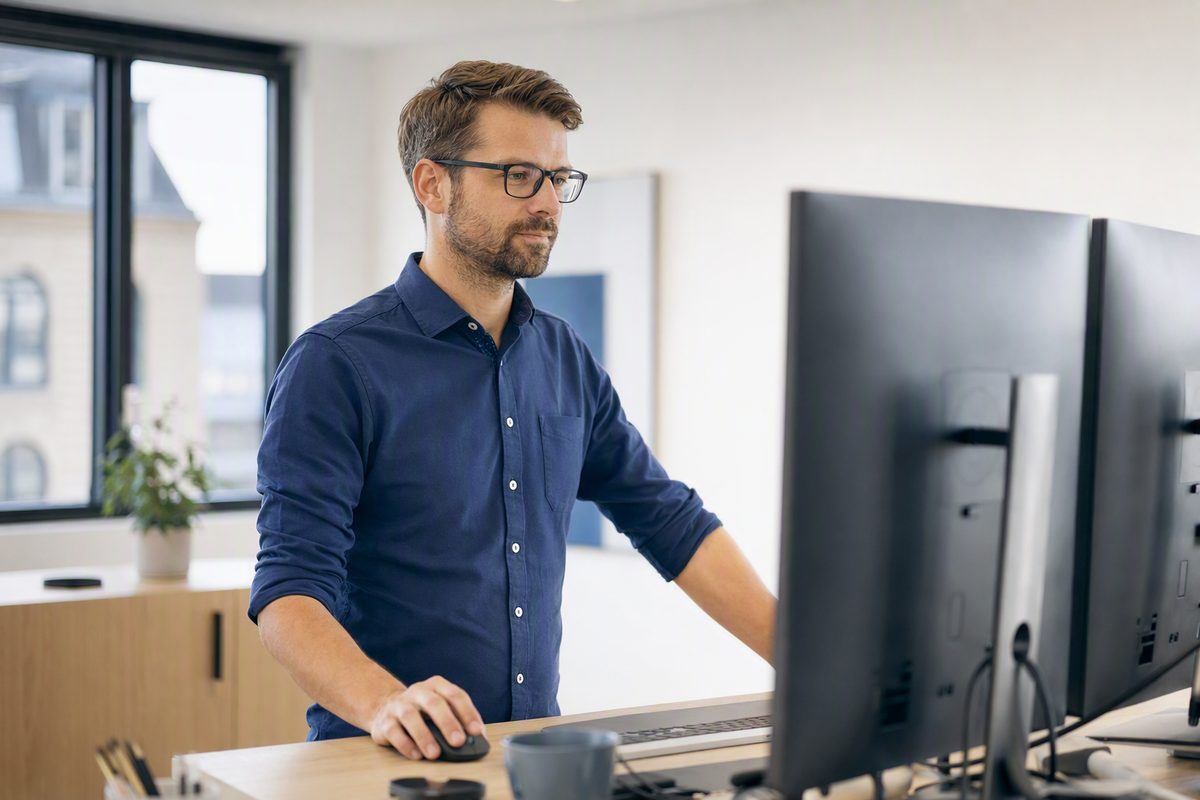 An IT administrator working at a desk with two monitors