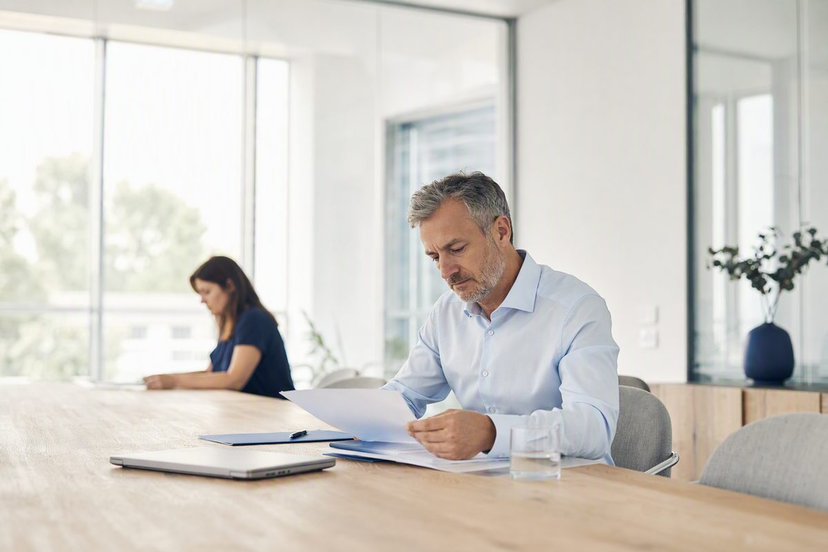 A lawyer reviewing a data processing agreement in a meeting room