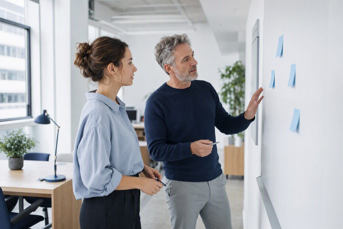 Two colleagues planning their web presence at a whiteboard